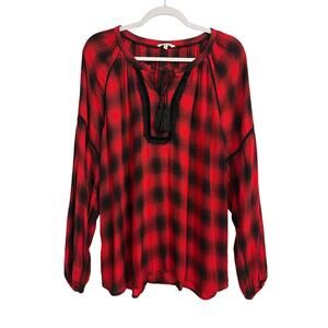 reCreation Womans XL Red Buffalo Plaid Crochet Velour Tassel Balloon‎ Sleeve Top